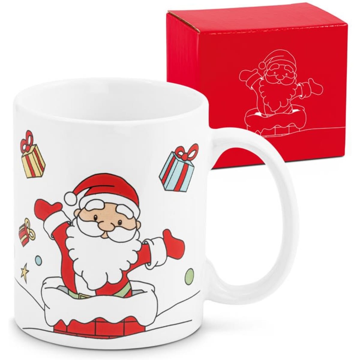A white coffee mug featuring a cheerful Santa design and wrapped gifts, accompanied by a red box.