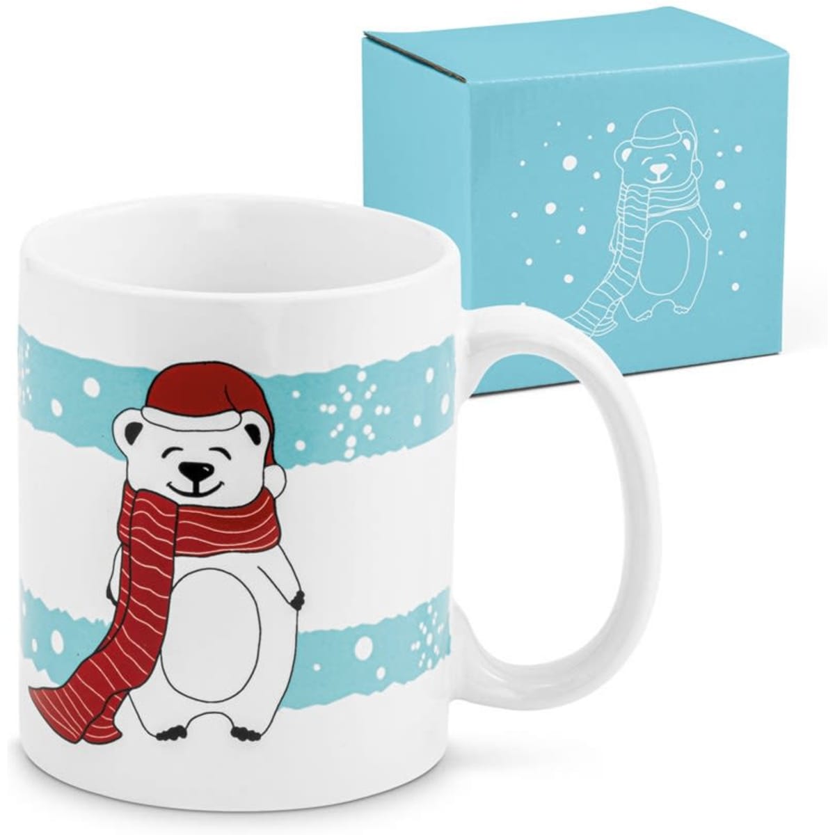 A coffee mug featuring a polar bear wearing a red hat and scarf, with a light blue box for packaging.