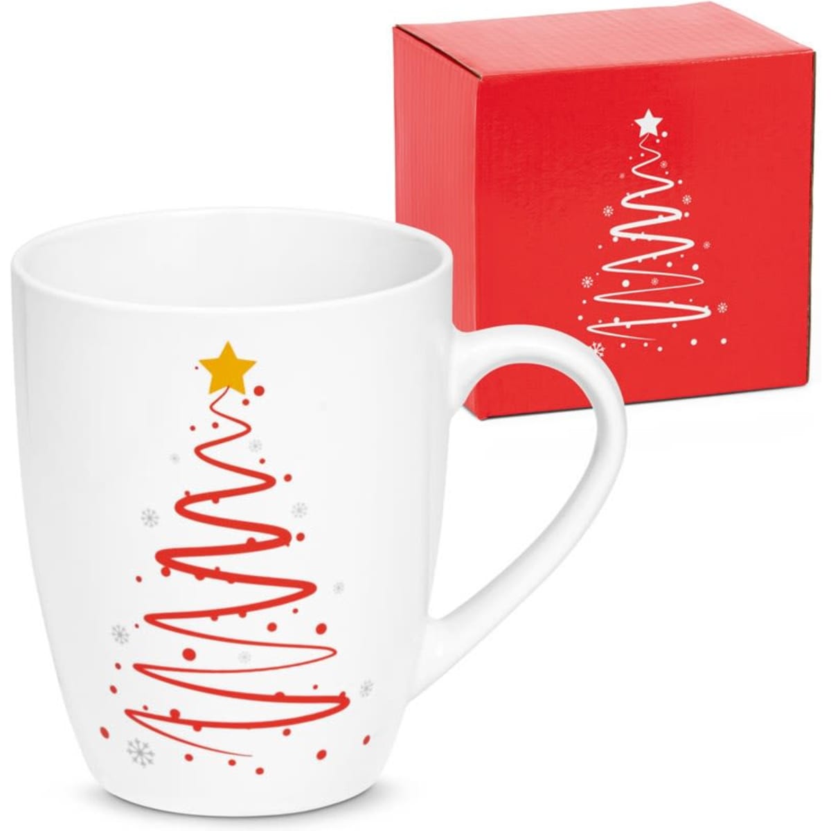 A white coffee mug featuring a red Christmas tree design, accompanied by a red gift box.