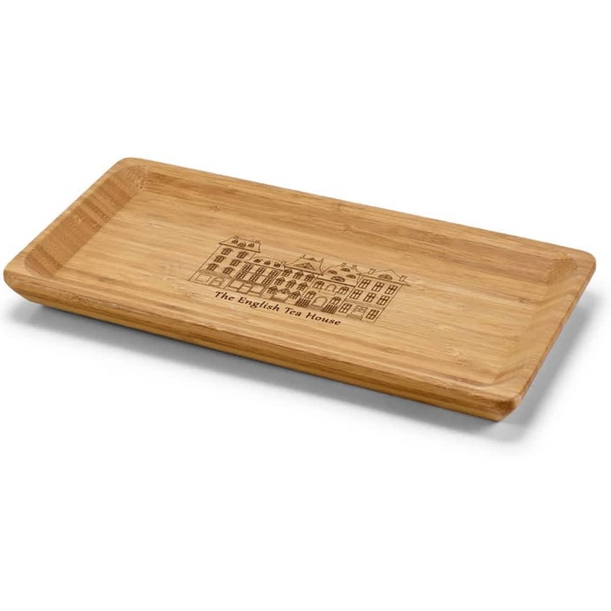 A bamboo tray in a rectangular shape featuring a subtle engraved design. The tray has a warm, natural finish.