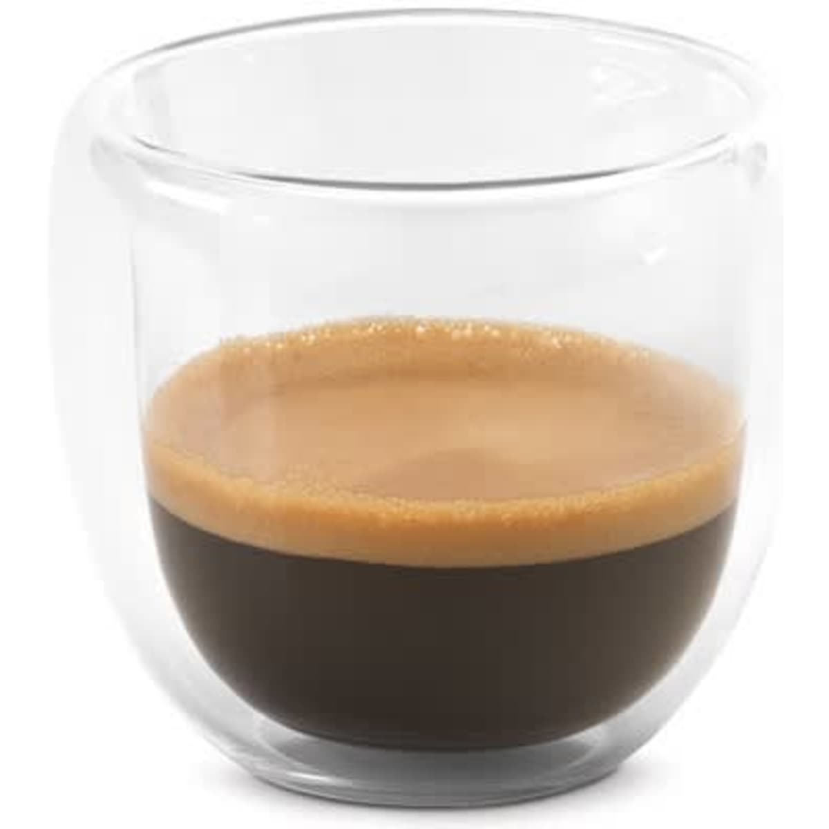 A borosilicate glass coffee mug filled with espresso, showcasing a layered creamy top and a dark coffee base.