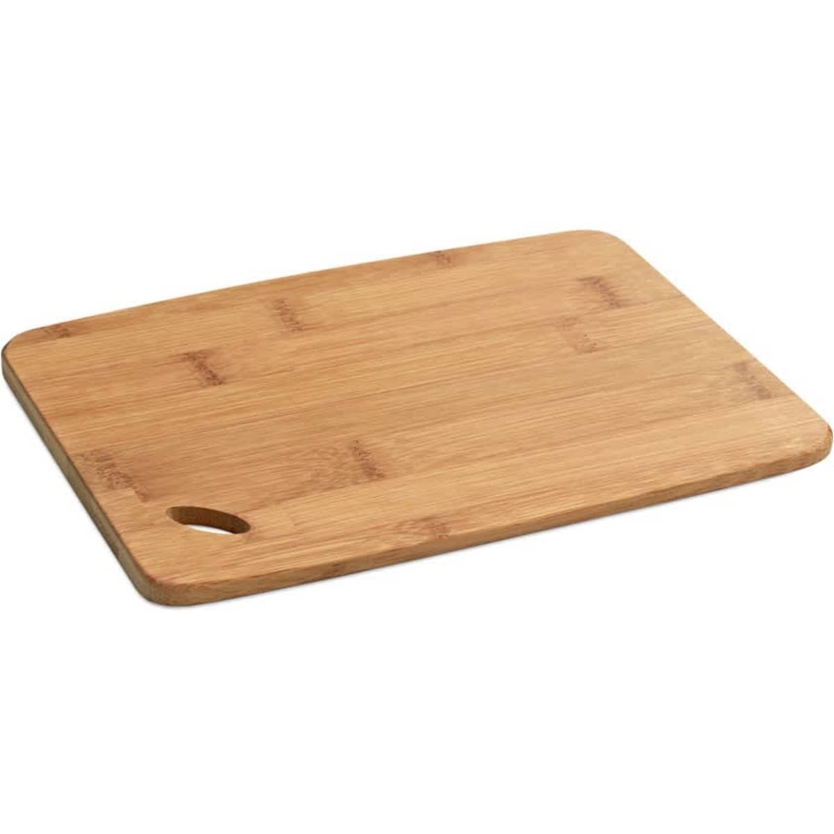 A bamboo serving board with a smooth surface and cut-out handle, featuring a natural wood colour.