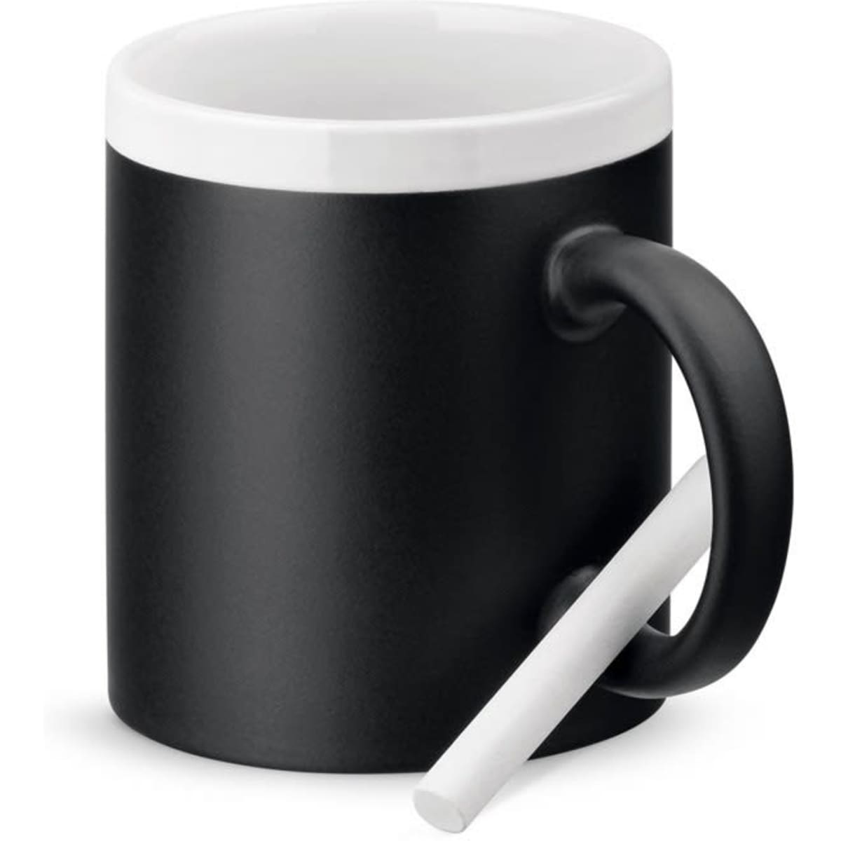 A ceramic mug with a black exterior and white interior, featuring a unique handle design.