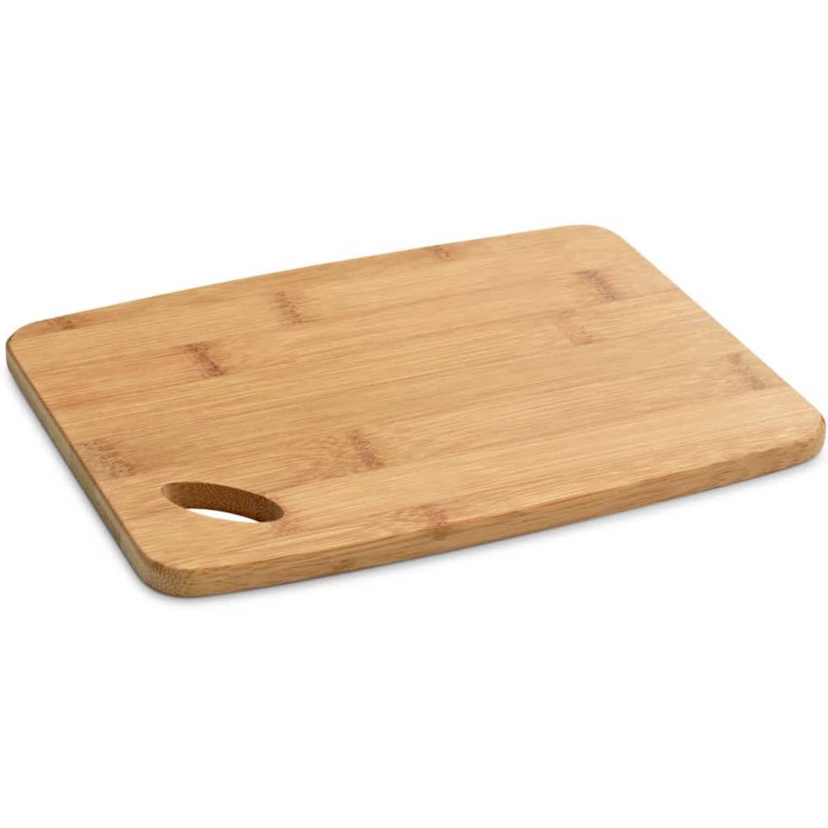 A bamboo serving board with a smooth surface and a curved handle, featuring a natural wood finish.