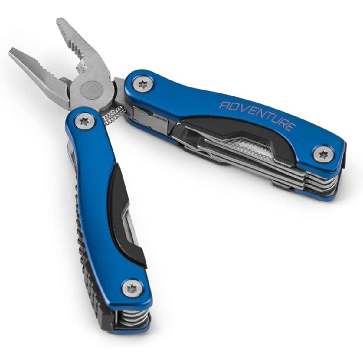 A pair of folding multi-function pliers in blue and silver with a logo, featuring various tools and a compact design.