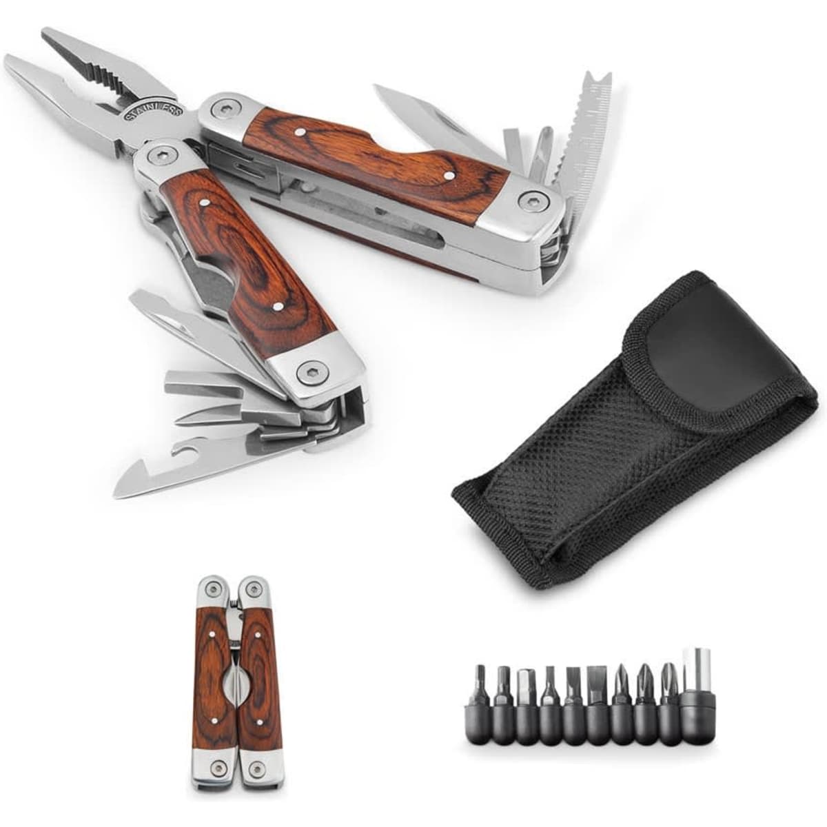 Folding pliers with stainless steel tools and wooden handle, accompanied by a black carry pouch and various attachments.