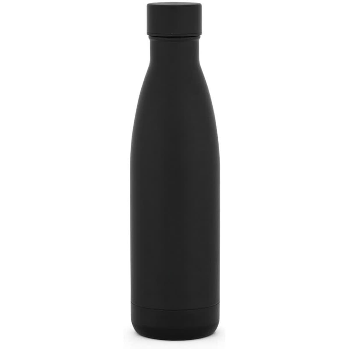 A drink bottle in matte black stainless steel with a narrow neck and a screw-on lid, featuring a logo.