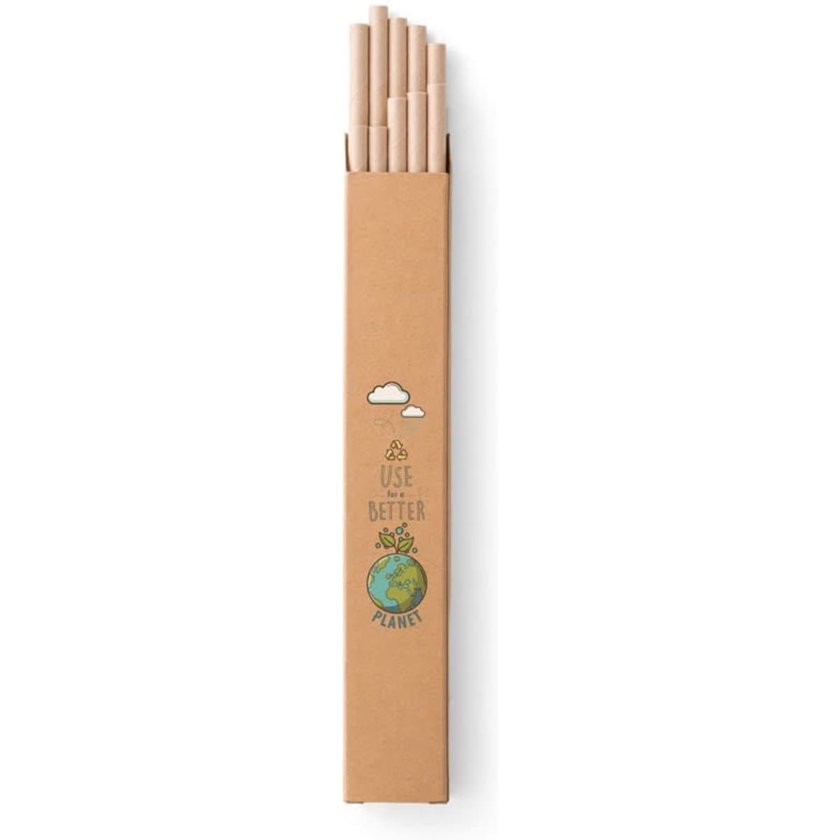 A set of 10 kraft paper straws in a cardboard packaging featuring earthy colours and a logo.