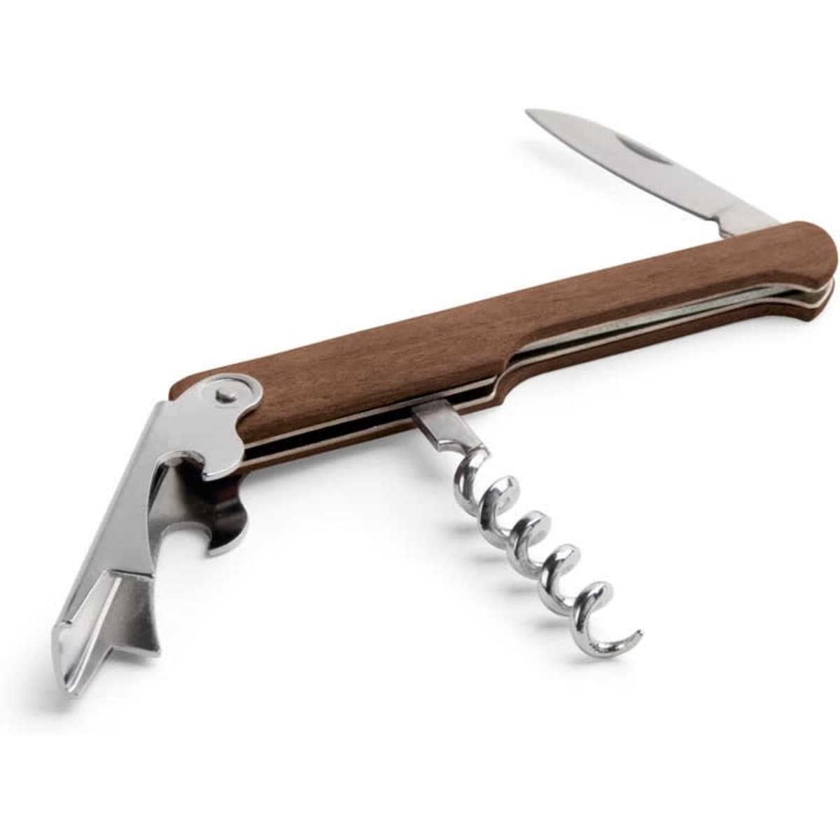 A wooden corkscrew featuring a silver metal blade and bottle opener, highlighting earthy brown tones.