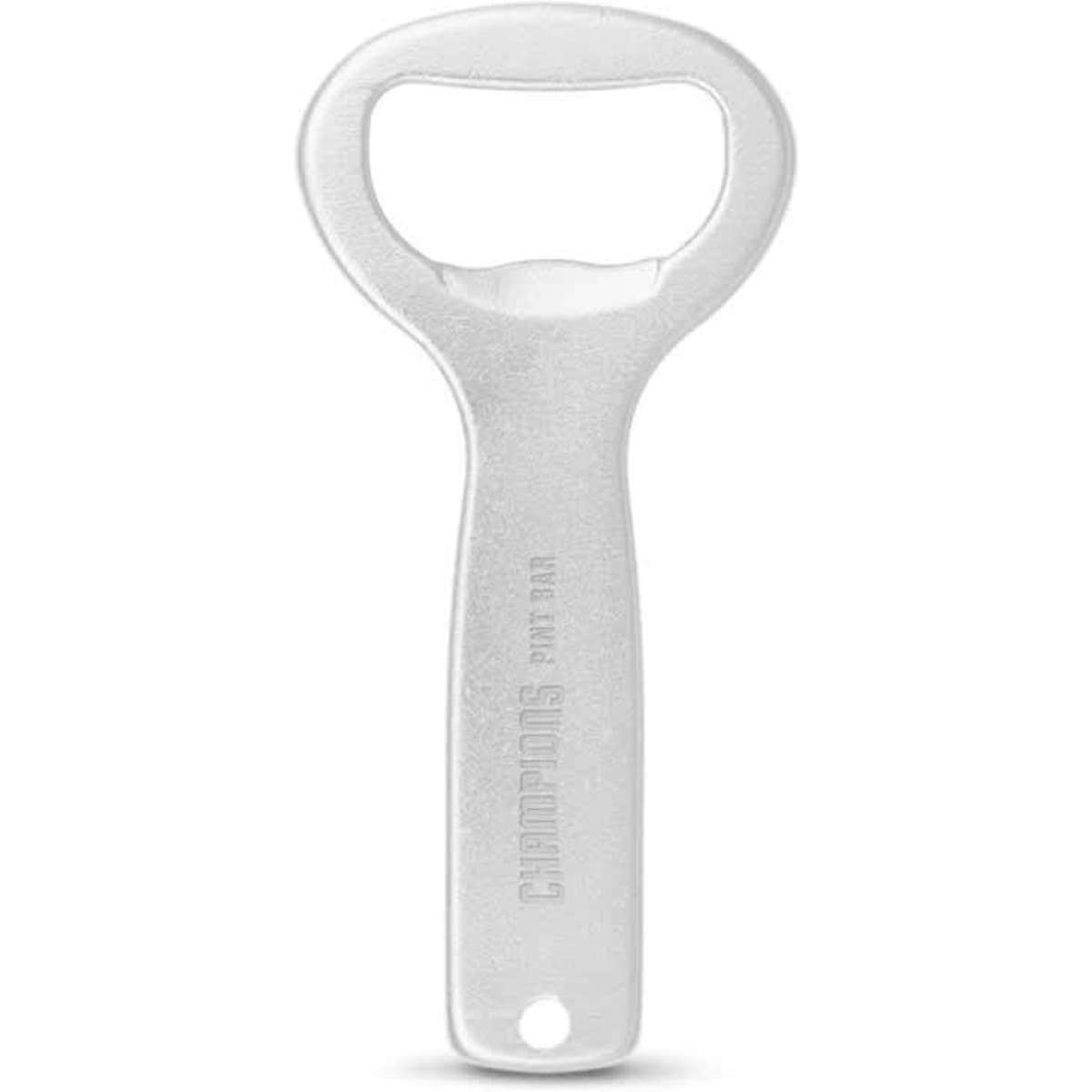 A drink bottle opener in aluminium with a silver finish and a simple, functional design. Features a branding logo.