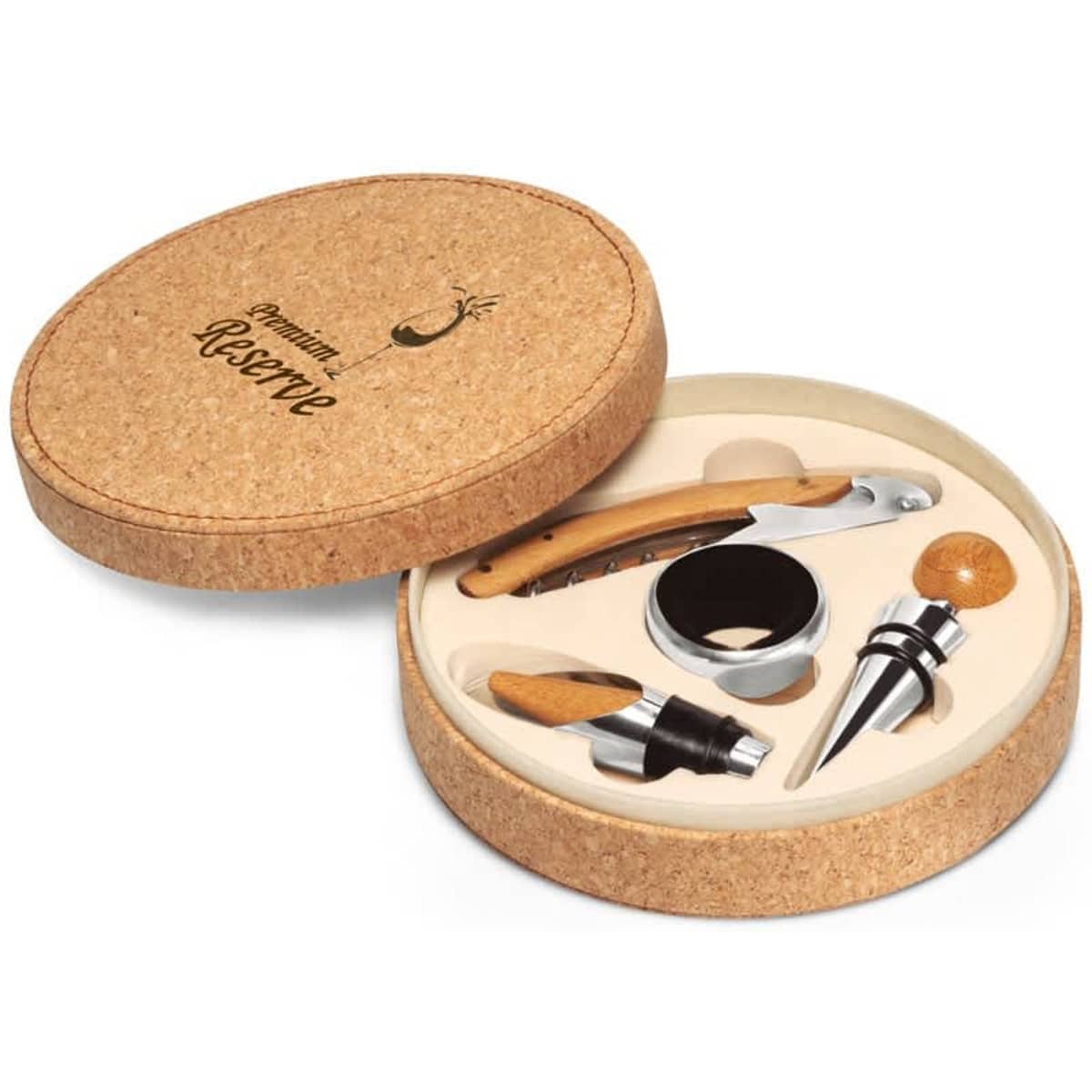 A wine set in a cork case featuring bamboo and stainless steel tools, including a corkscrew and stopper.