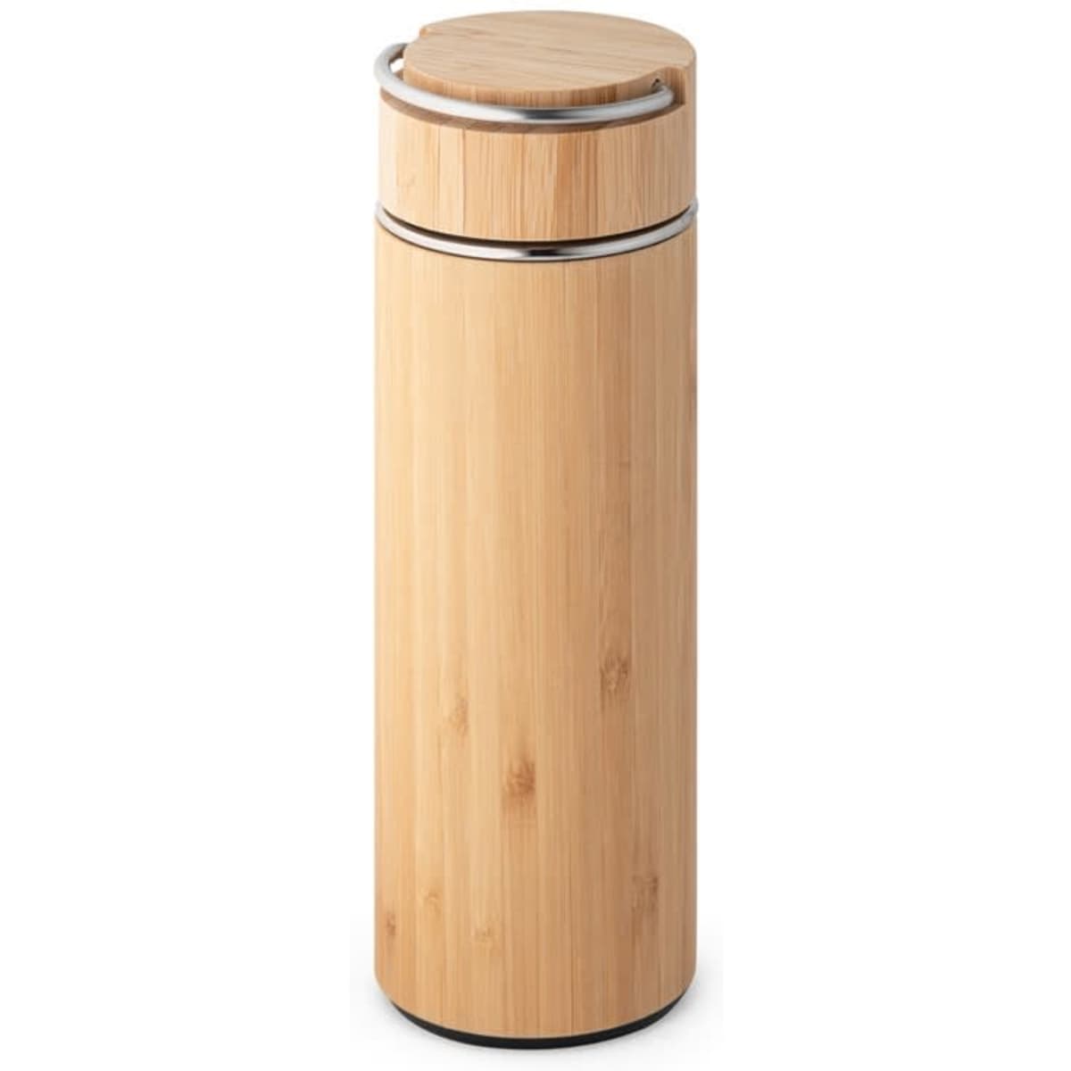 A drink bottle featuring a bamboo exterior, stainless steel cap, and a sleek design. It has a logo on the side.