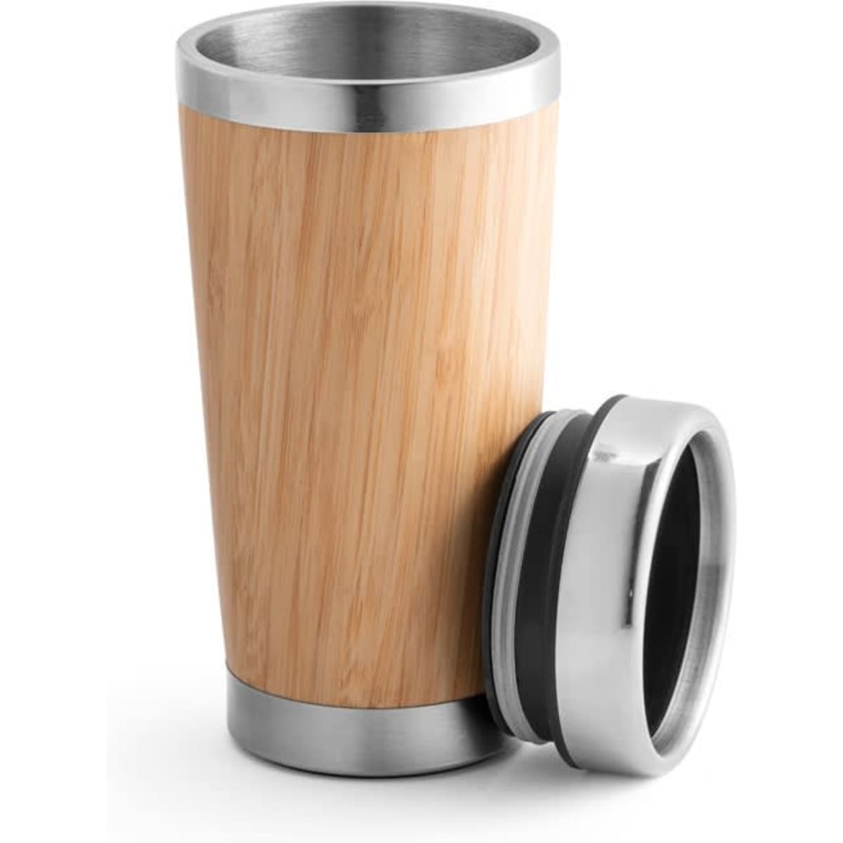 A travel mug featuring a bamboo exterior and stainless steel trim, with a removable lid.