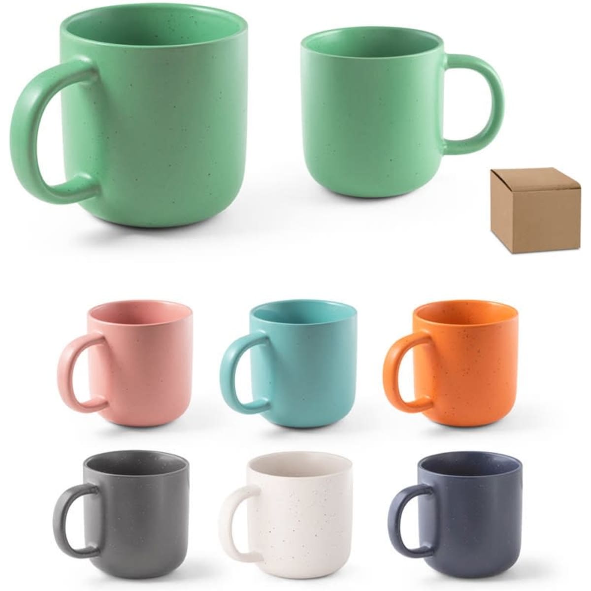 A set of ceramic mugs in various colours including green, pink, orange, and blue, with a plain box.