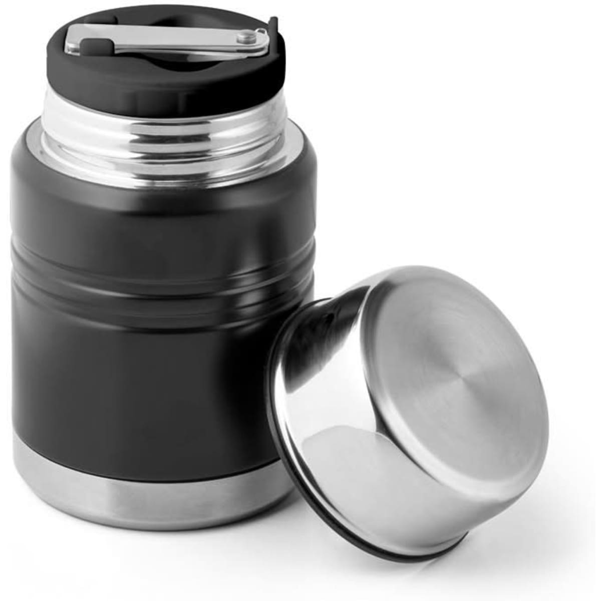 A drink bottle featuring a black stainless steel design with a shiny silver lid. It has a logo on its body.
