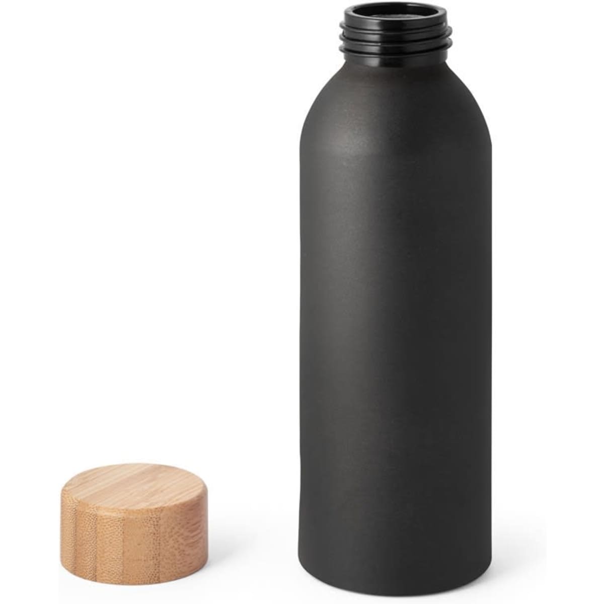 A drink bottle in matte black aluminium with a bamboo lid, featuring a sleek and modern design.