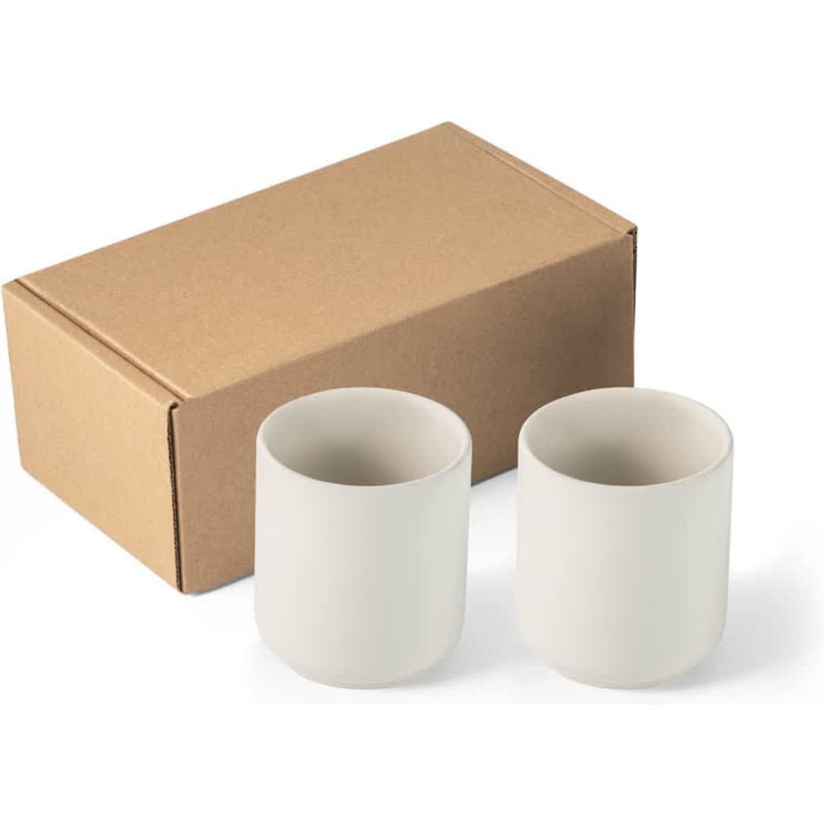 A set of two white ceramic cups in a brown cardboard box, designed for drinks.
