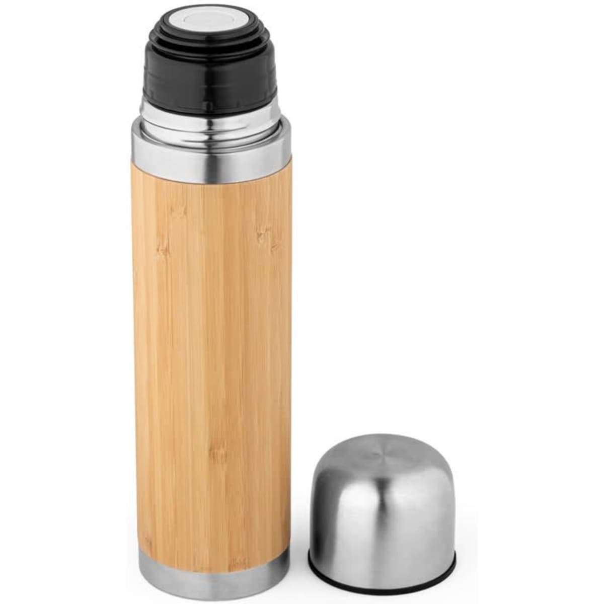 A drink bottle featuring a bamboo exterior and stainless steel cap, with a sleek design.