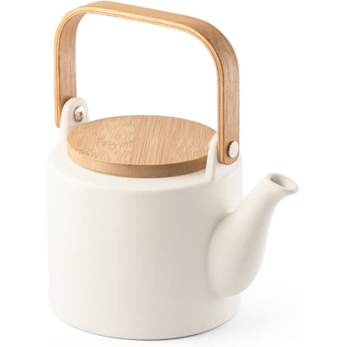 A ceramic teapot in white with a bamboo lid and handle, featuring a spout for pouring.