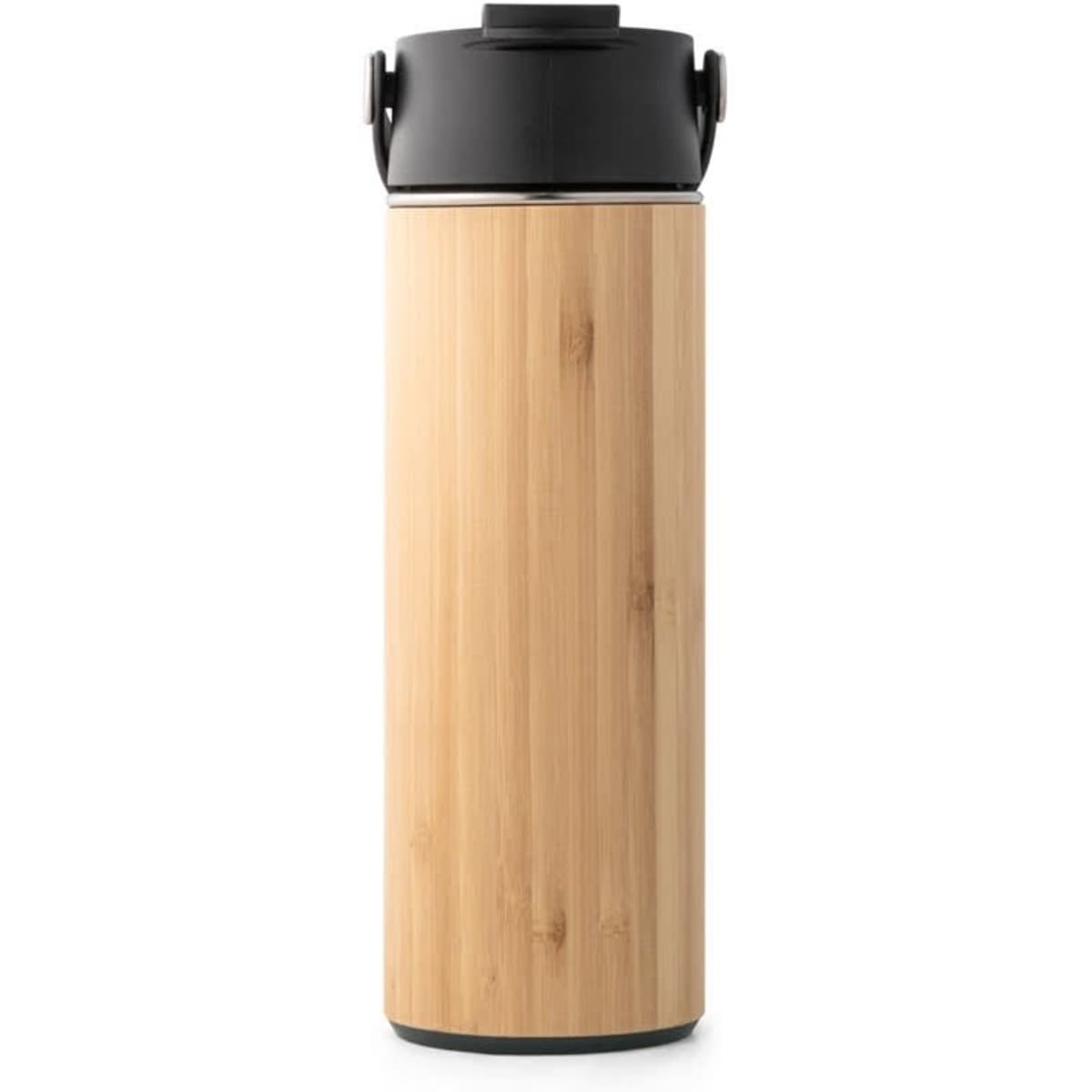 A drink bottle featuring a bamboo exterior, black lid, and stainless steel interior, with a capacity of 440 mL.