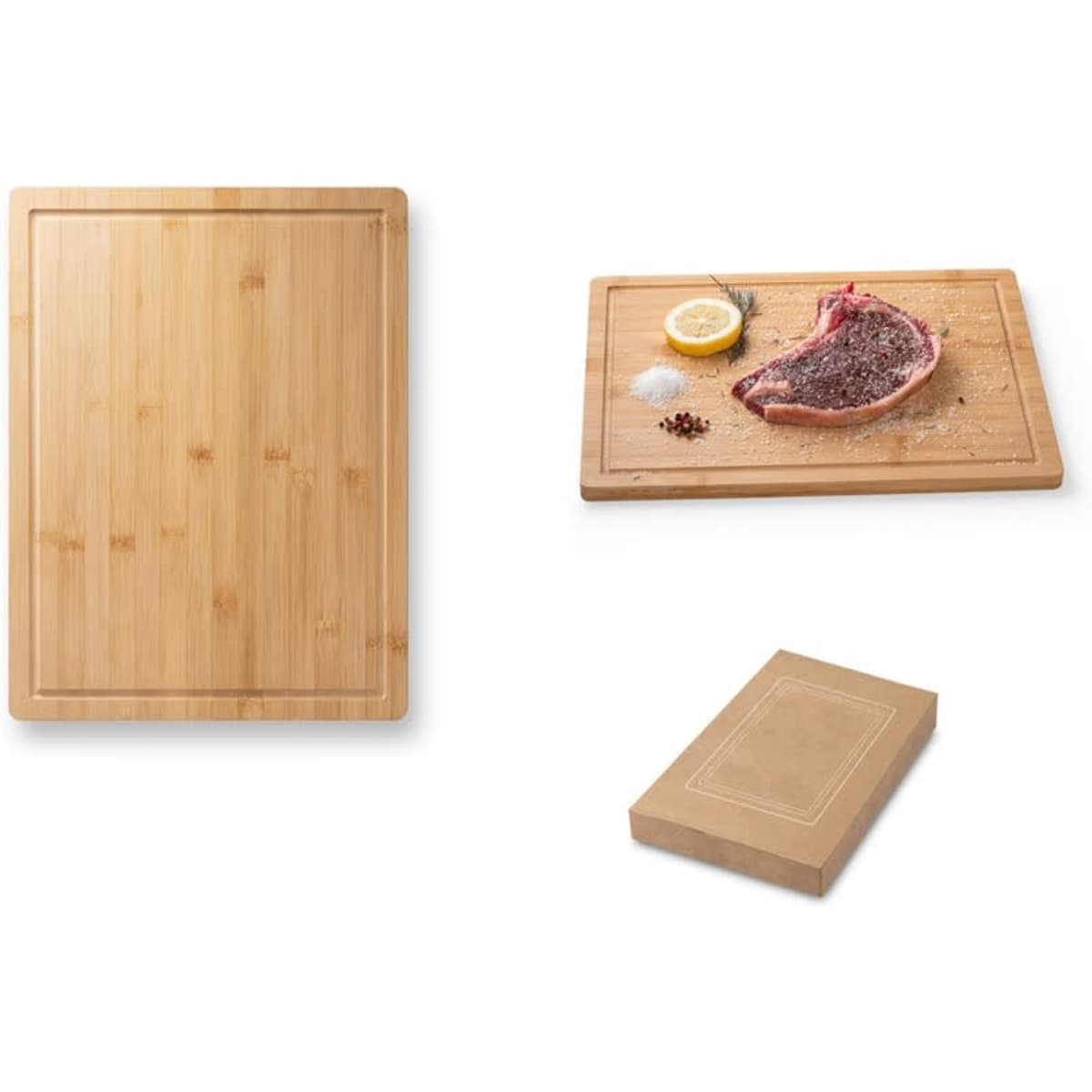A bamboo cutting board in a light brown hue, featuring a smooth surface and rounded edges, with a textured version displayed.