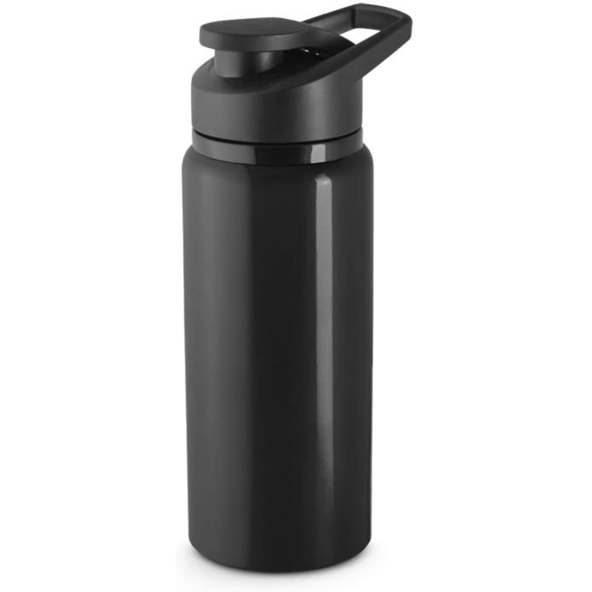 A drink bottle in matte black, made from 90% recycled aluminium, with a screw top lid and built-in carrying handle.