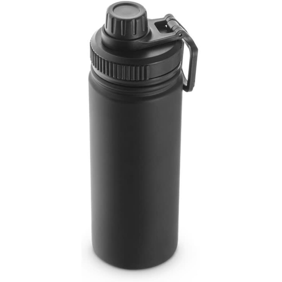 A drink bottle in matte black made from 90% recycled stainless steel with a secure screw-top lid and a carrying handle.