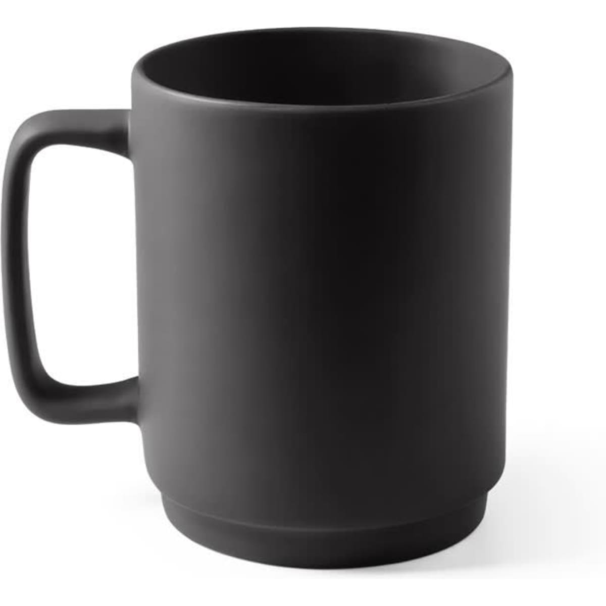 A ceramic coffee mug with a cylindrical body, matte black finish, and a sturdy handle, holding 330 mL.