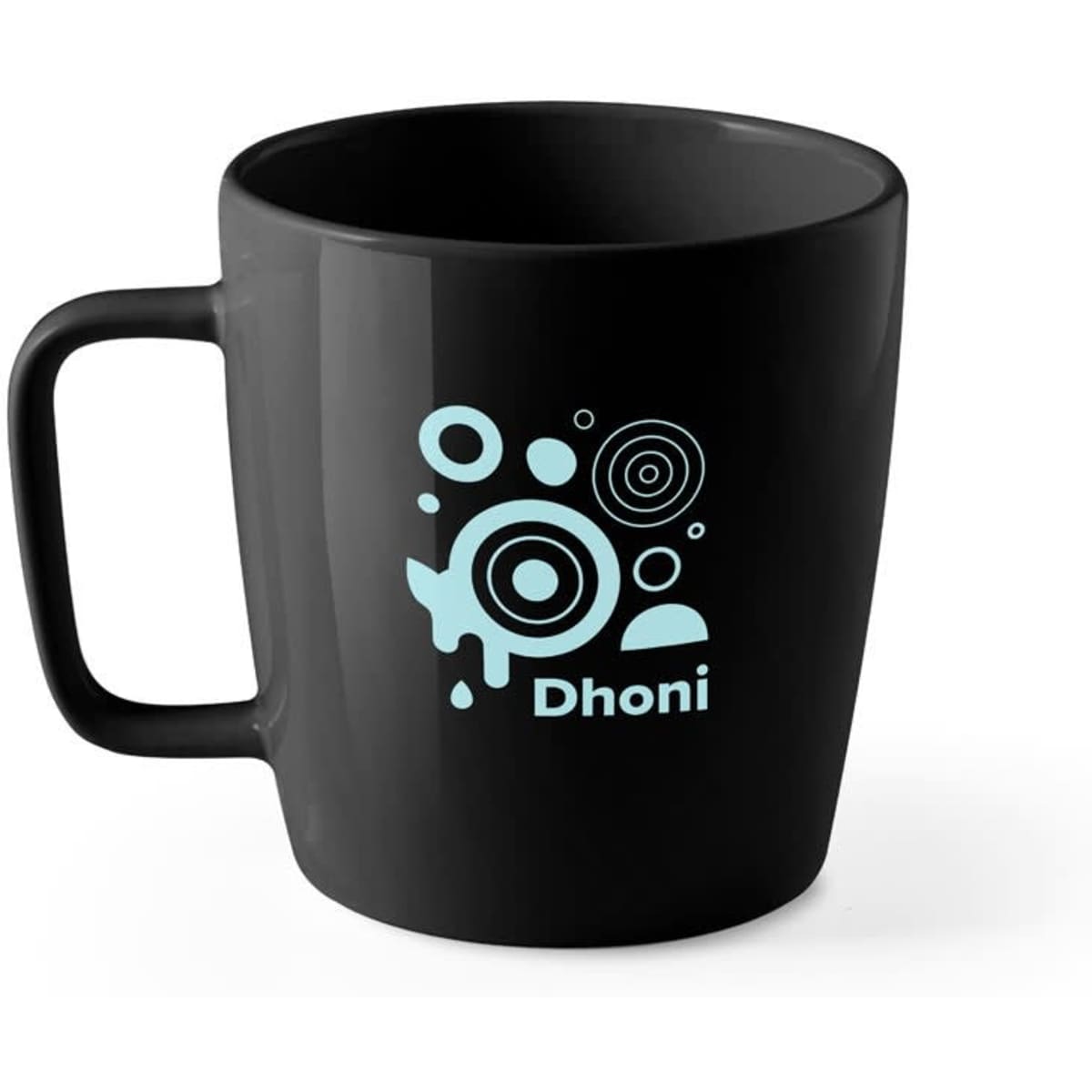 A black ceramic mug with a colourful design and a logo on the front, holding 450 mL.