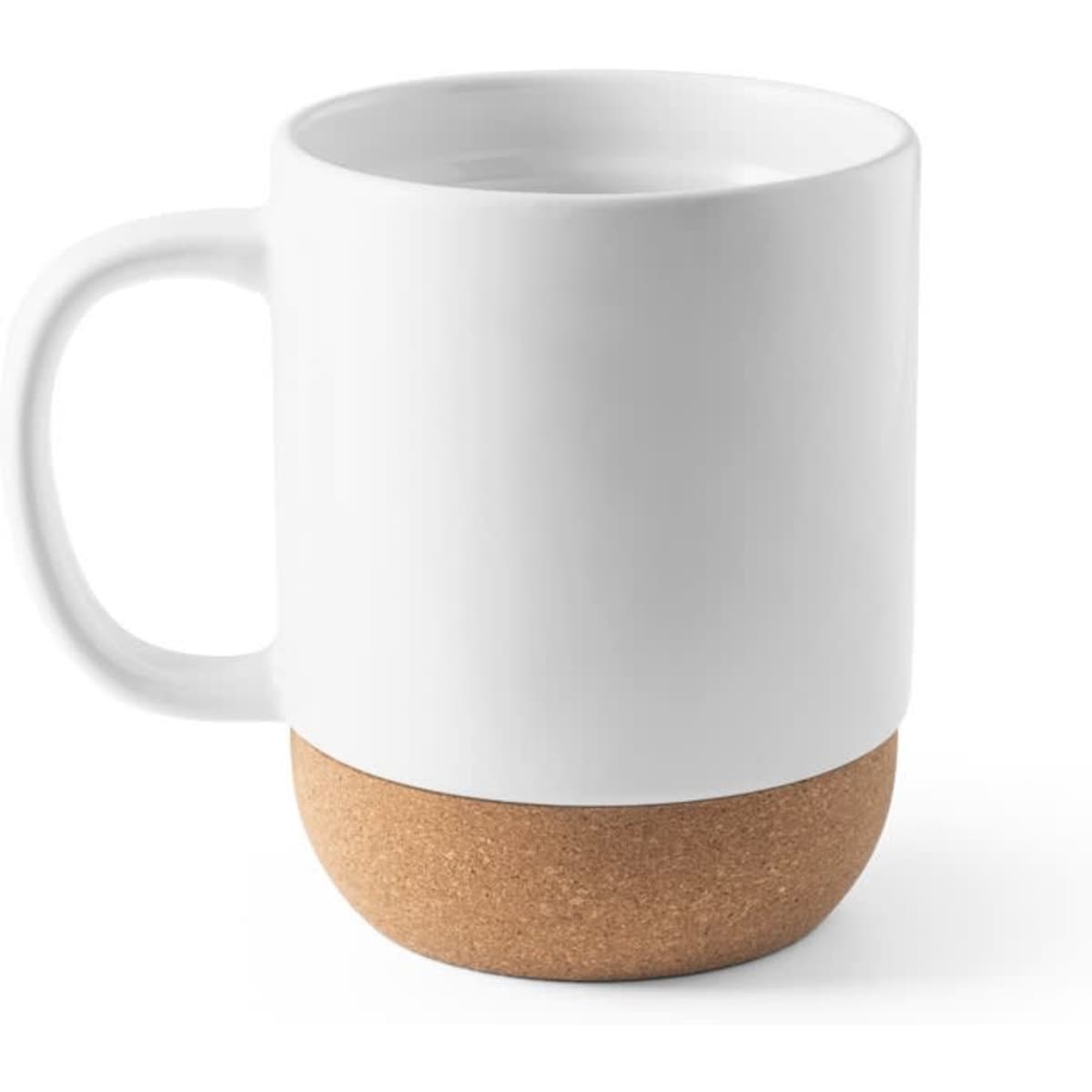 A ceramic coffee mug in white with a cork base, featuring a simple design and a handle.