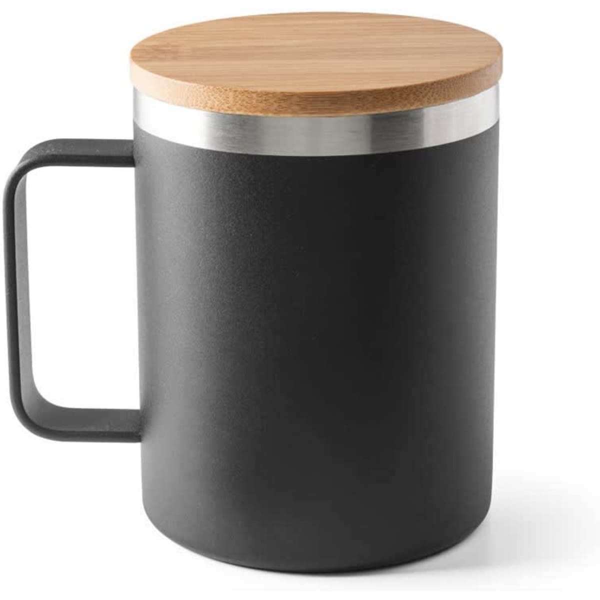 A travel mug made of 90% recycled stainless steel with a bamboo lid, featuring a matte black finish and a handle.
