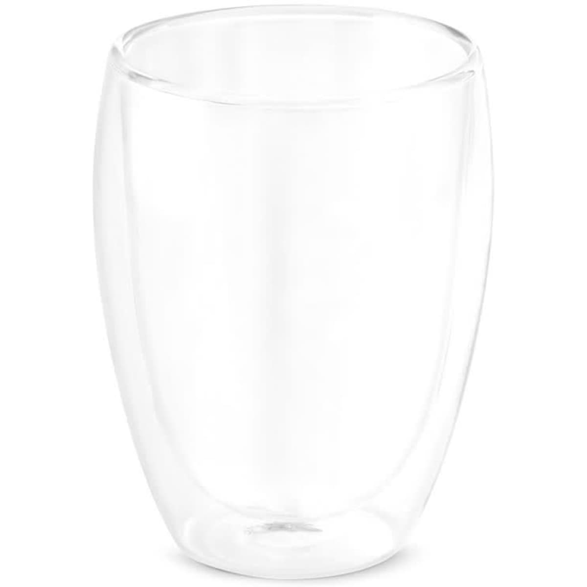 A borosilicate glass cup in a transparent design, with a capacity of 350 mL, featuring a logo.
