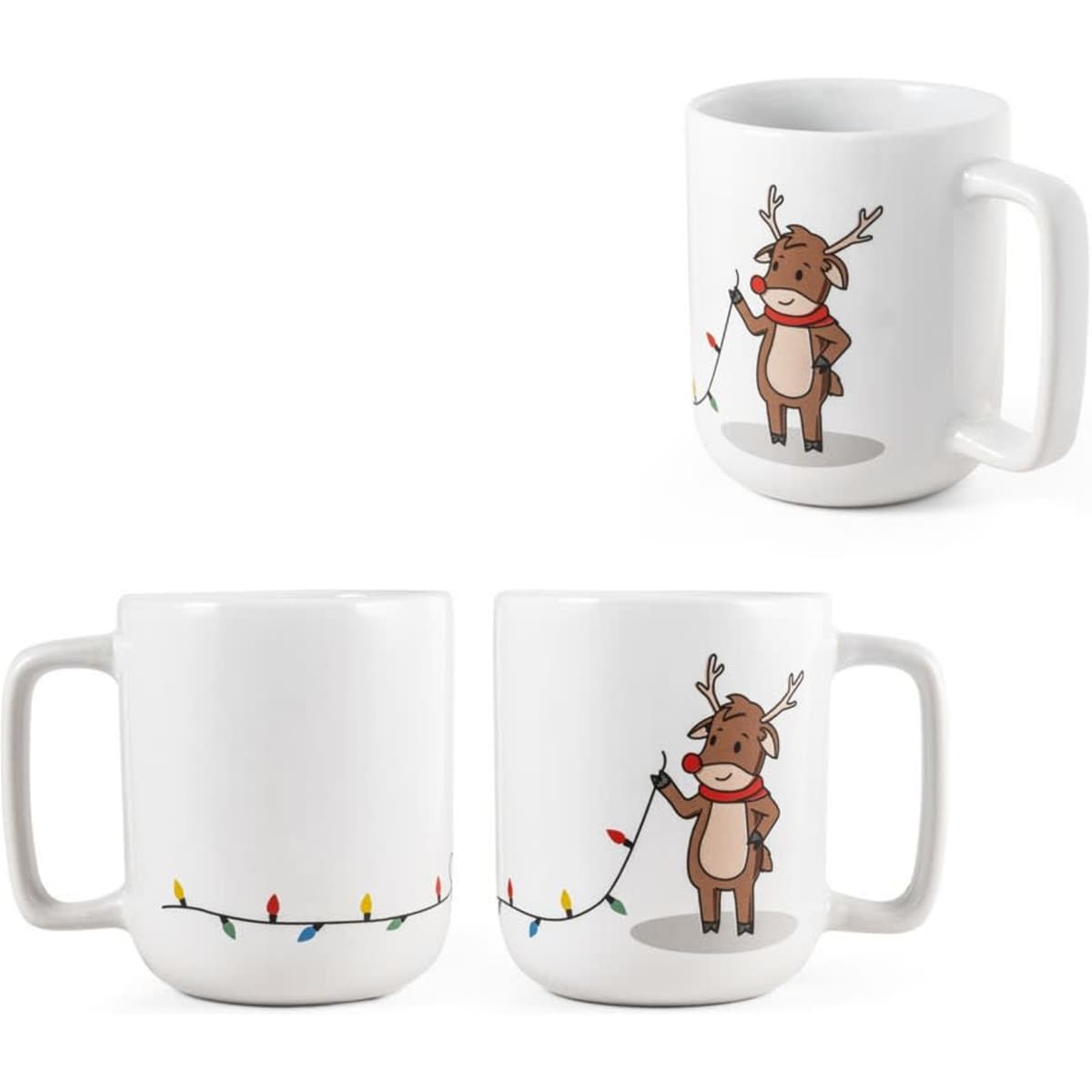 A mug featuring a reindeer in a scarf with colourful Christmas lights. It is white and holds 330 mL.