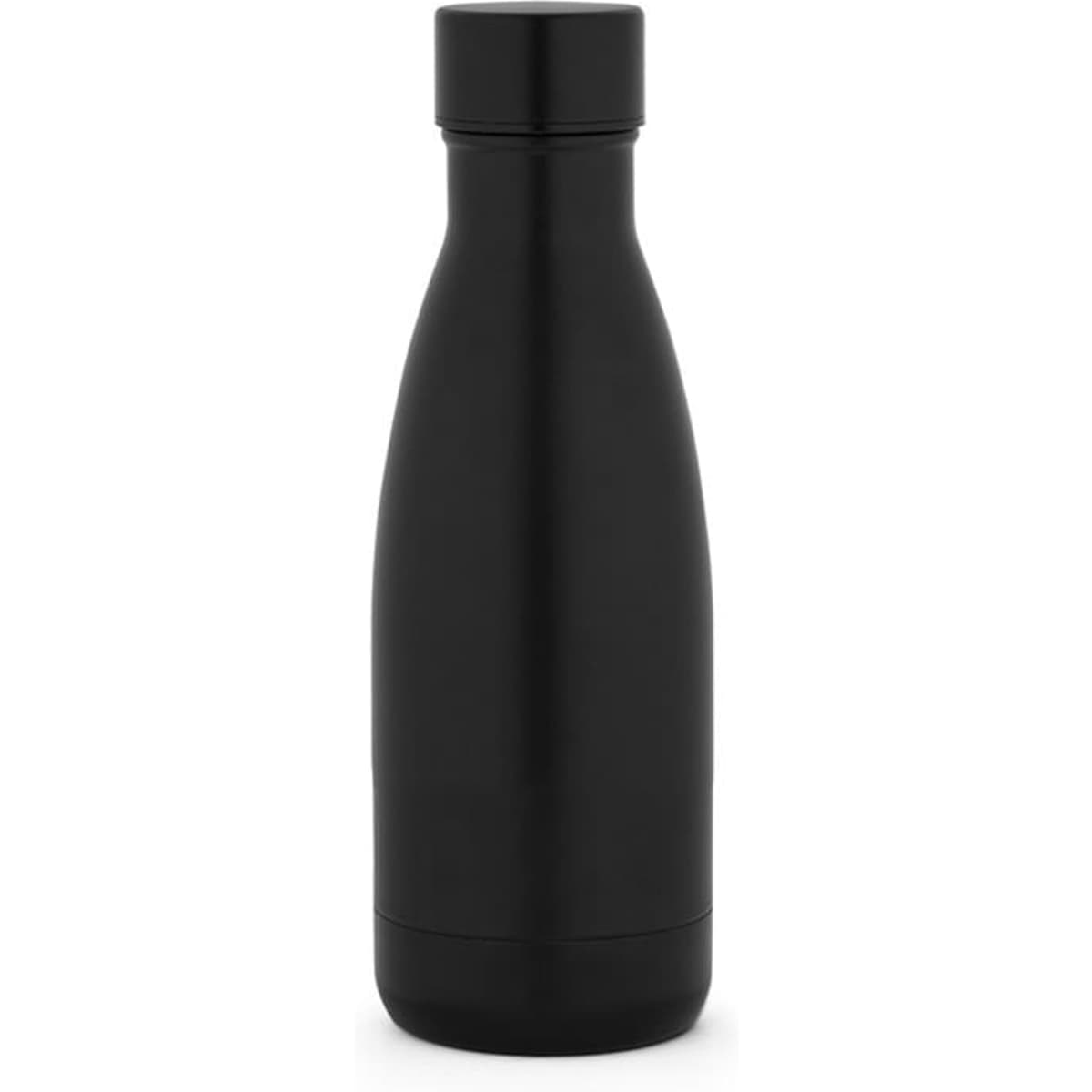 A drink bottle made from 90% recycled stainless steel, featuring a sleek black design and a logo.