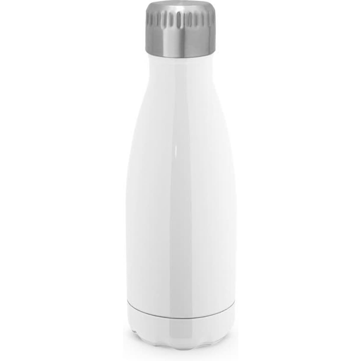 A drink bottle made of stainless steel with a sleek white finish and a silver lid. It has a branding logo on it.