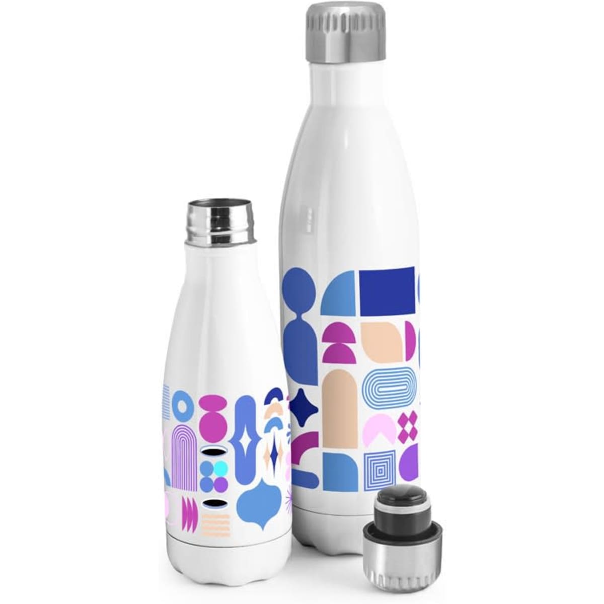 A drink bottle set featuring two white stainless steel thermoses with vibrant abstract designs in purple and blue.