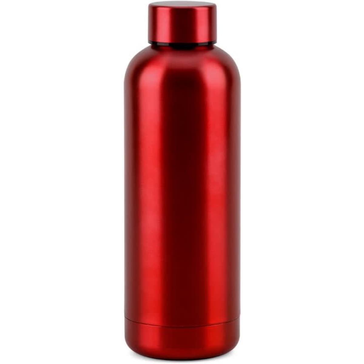 A drink bottle in vibrant red, made from 90% recycled stainless steel, with a sleek metallic finish.