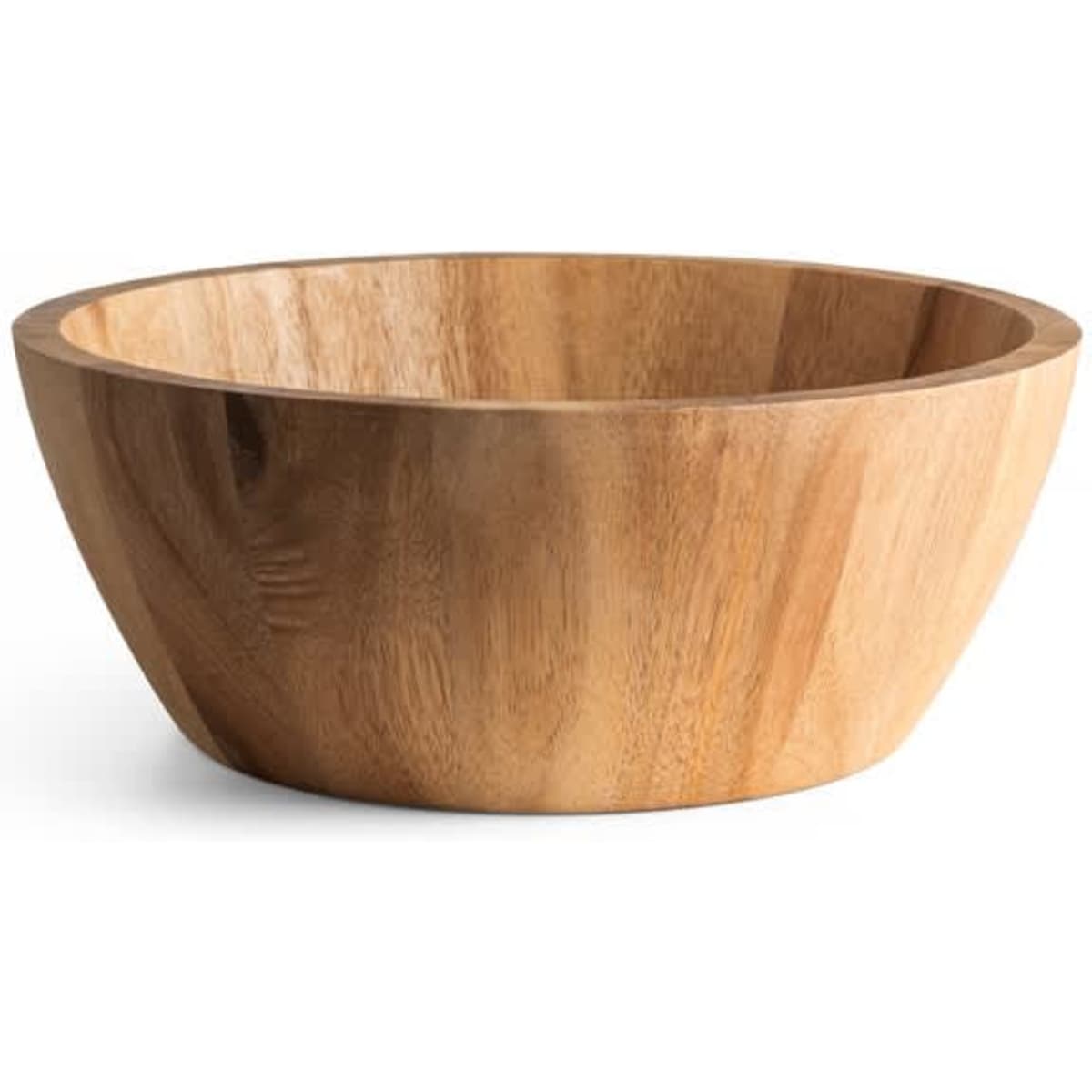 A round acacia wood salad bowl in natural wood finish with a smooth, curved design.