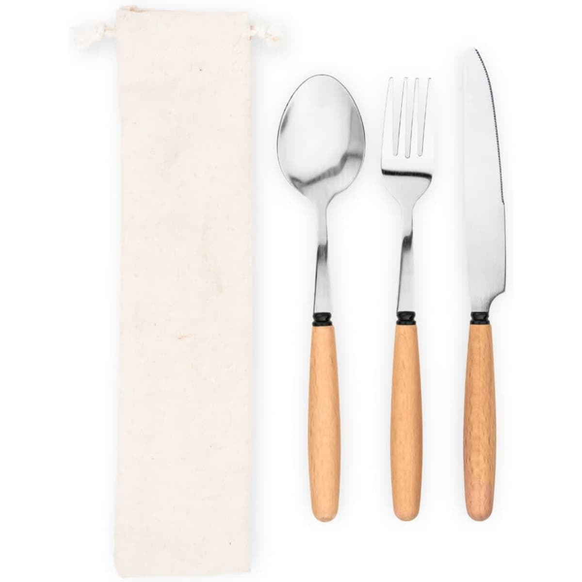 A three-piece cutlery set in stainless steel with acacia wood handles, packaged with a cloth storage pouch.