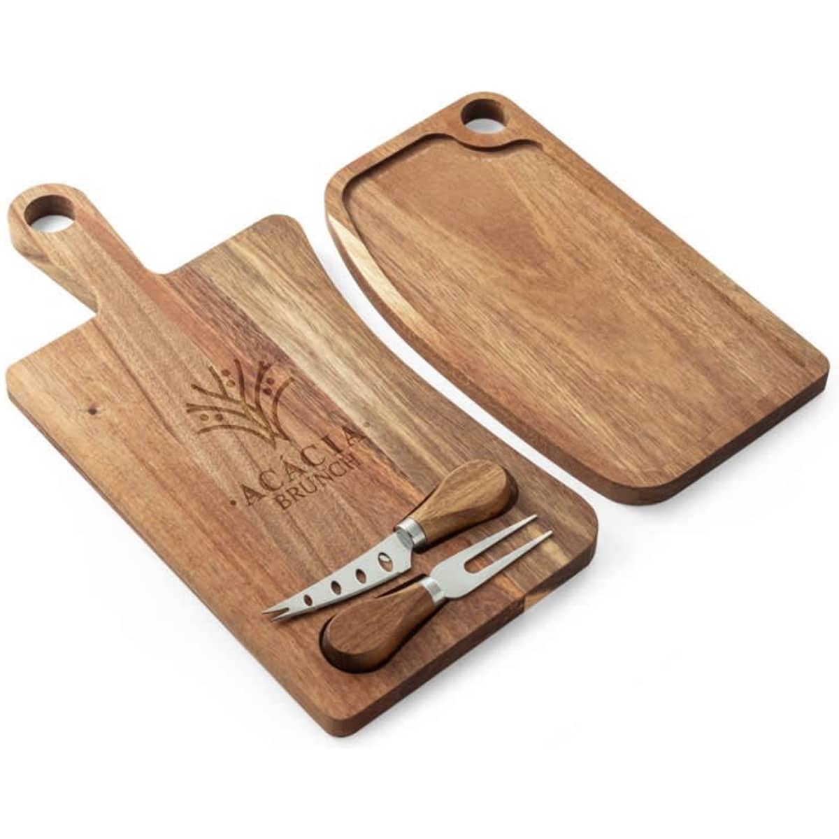A wooden cheese board set in warm tones, featuring a handle and accompanying cheese knife and fork.