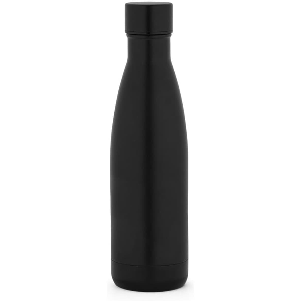 A drink bottle made from 90% recycled stainless steel, featuring a sleek black design and a secure lid.