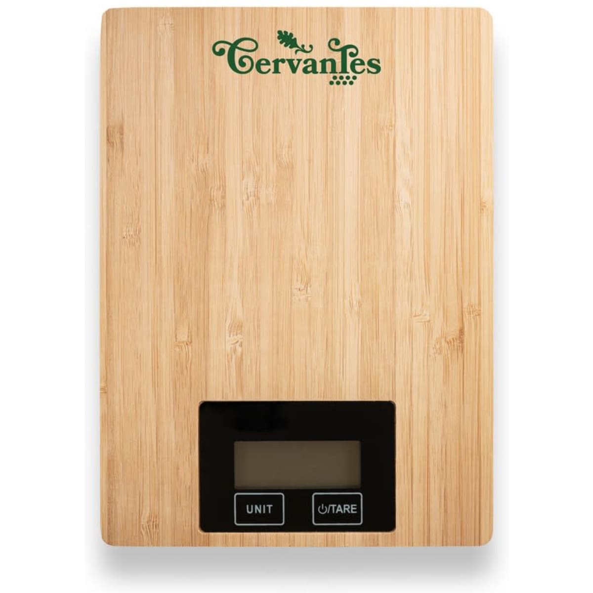 A bamboo digital kitchen scale with a black display and buttons, featuring green branding at the top.