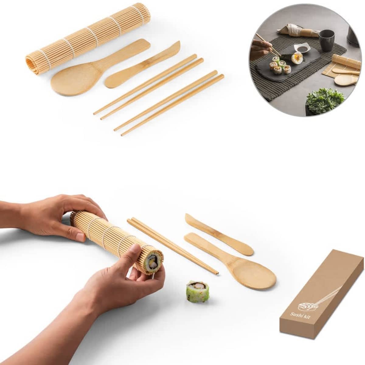 A bamboo sushi set featuring rolling mat, chopsticks, and utensils, arranged neatly with a box in a neutral tone.