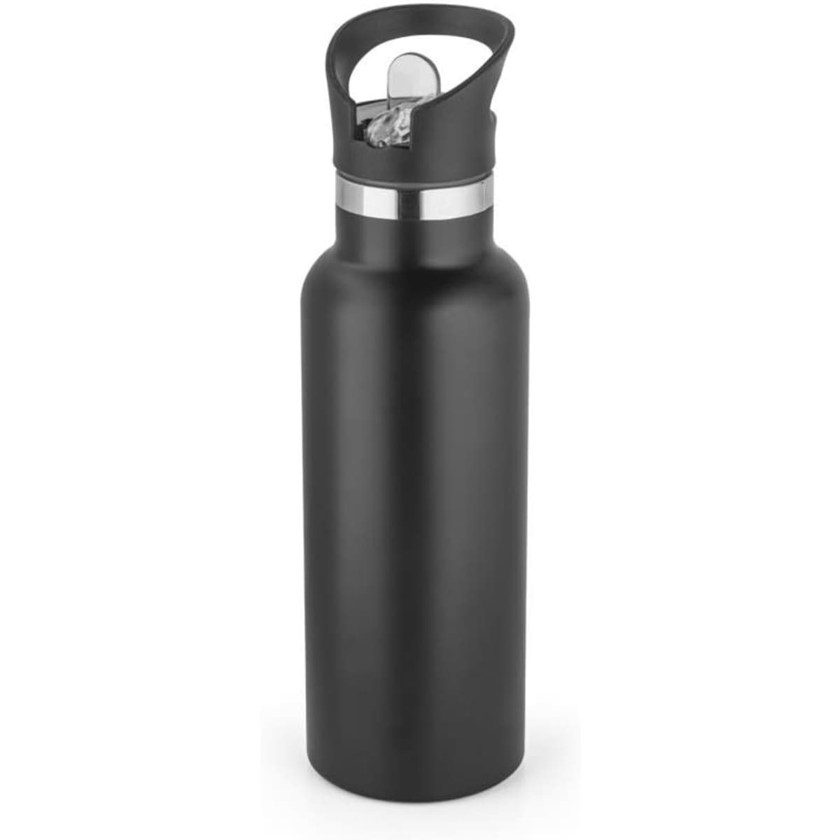 A drink bottle in matte black with a stainless steel body and a PP cap, featuring a logo.