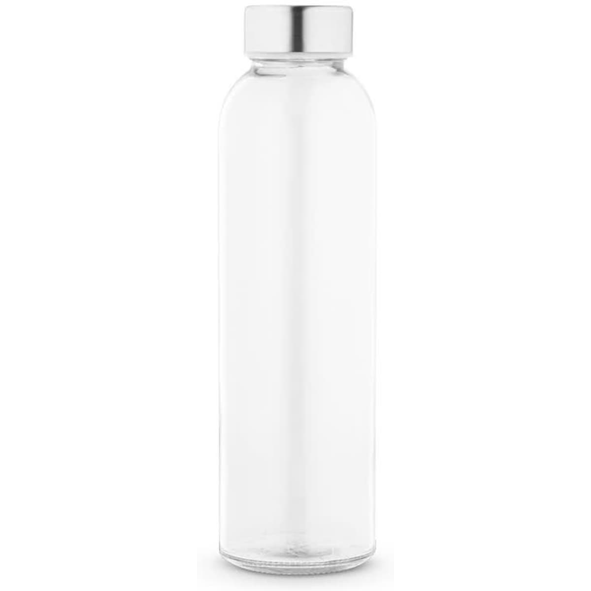 A drink bottle featuring a clear glass body and a stainless steel cap, designed for stylish hydration.