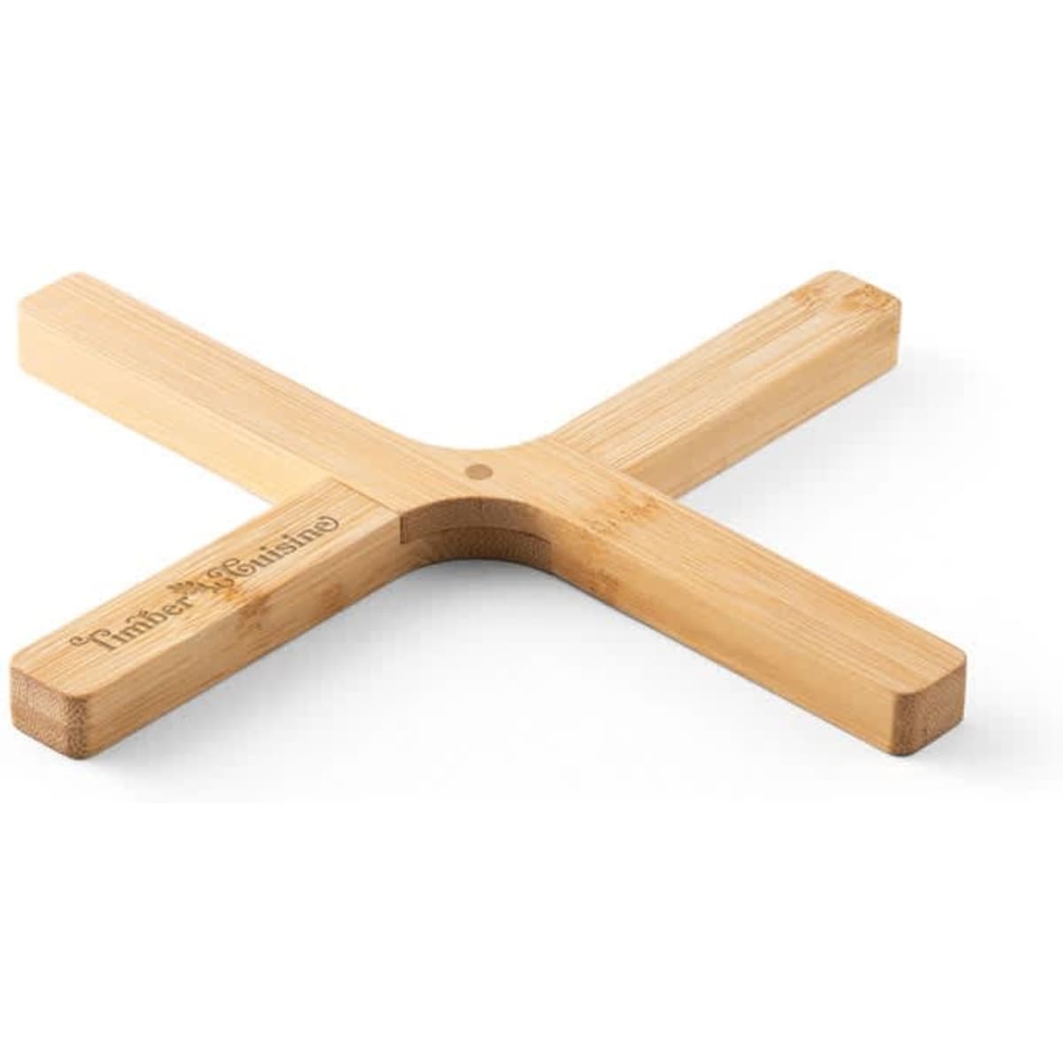 A bamboo coaster in a cross shape, featuring a small logo, showcasing a natural wood finish.