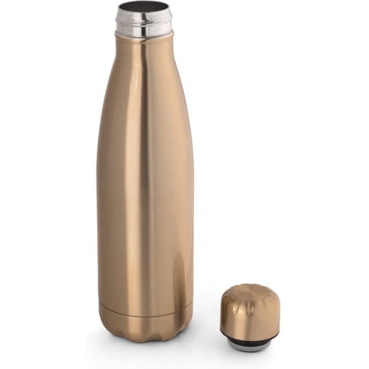 A drink bottle with a matte metallic finish in bronze, featuring a stainless steel design and a separate cap.