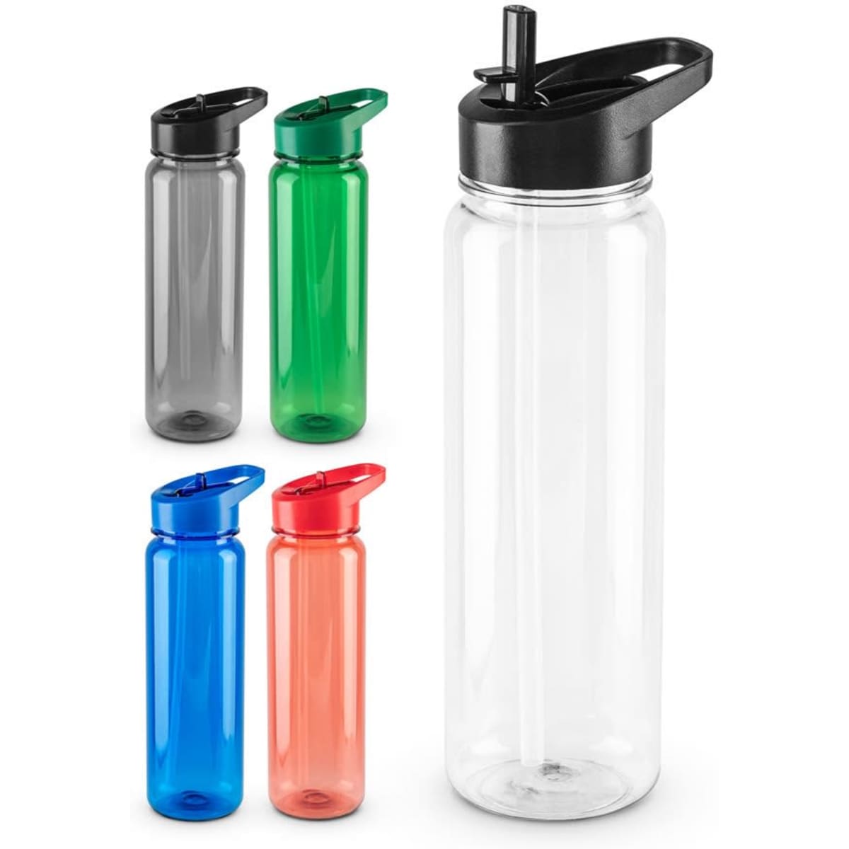 A drink bottle in various colours including green, blue, red, and transparent, with a black lid and straw.