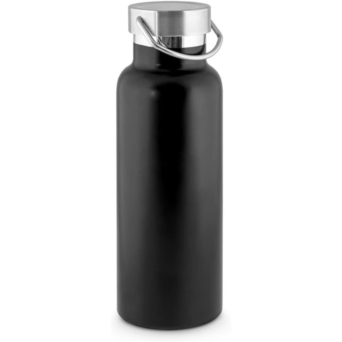 A drink bottle with a sleek black design, featuring stainless steel construction and vacuum insulation. Includes a metal lid.