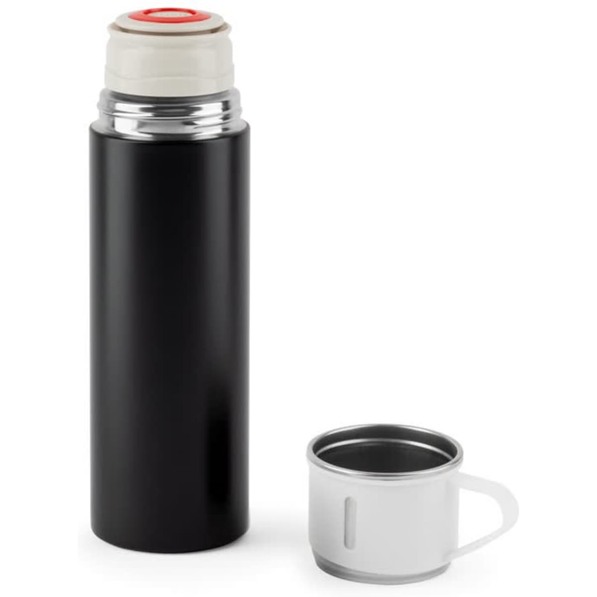 A drink bottle in matte black stainless steel, featuring a white cup and a logo. Double-walled design for insulation.